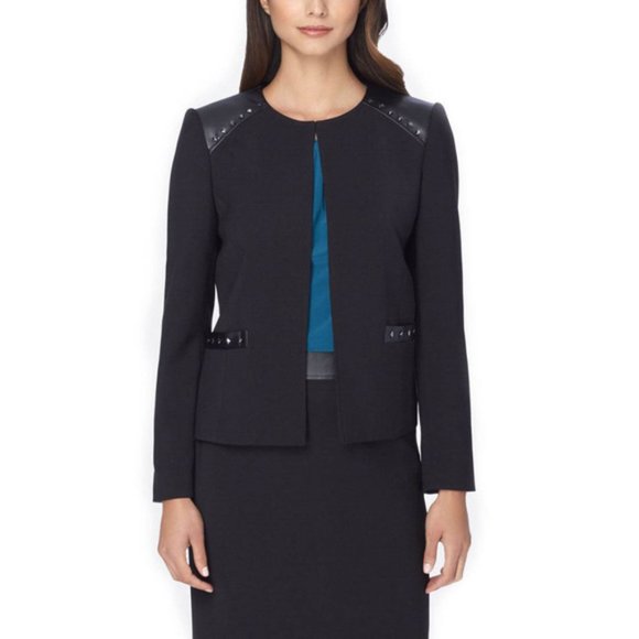 Tahari Studded Faux Leather-Trim Ponte Knit Jacke - Picture 1 of 3